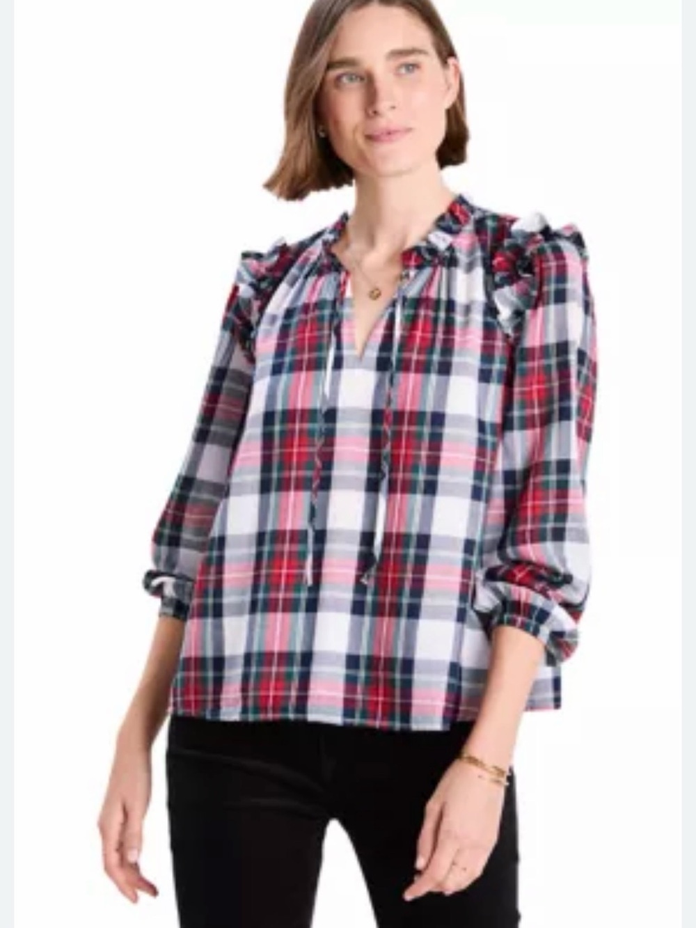 Vineyard Vines Plaid Ruffle-Shoulder Blouse in Red, Navy and White